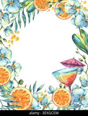 Cadre d'été dessiné à l'aquarelle à la main avec fleurs tropicales, tranche d'orange et cocktail. Concept de bar de plage pour la conception de cartes de voeux. Floral éclatant Banque D'Images