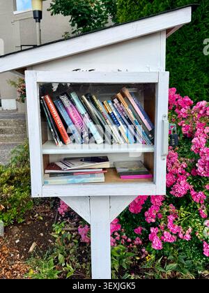 Une petite boîte communautaire d'échange de livres remplie de livres se dresse à côté de fleurs roses dans un quartier résidentiel de Vancouver, Colombie-Britannique, Canada Banque D'Images