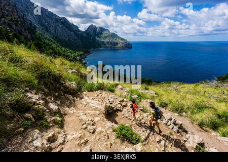Randonneur marchant sur le sentier sa Costera, Soller, Parc naturel de la Sierra de Tramuntana, Majorque, Espagne, Europe Banque D'Images