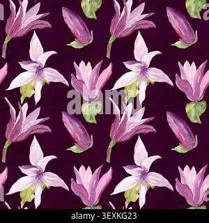 Motif aquarelle sans couture avec fleurs de magnolia rose, bourgeons et feuilles vertes sur fond sombre. Répétition florale botanique dans des tons violets doux pour Banque D'Images