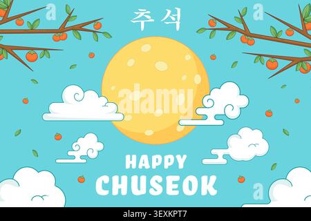 Joyeux fond de Chuseok avec pleine lune et branches de Persimmon Illustration de Vecteur
