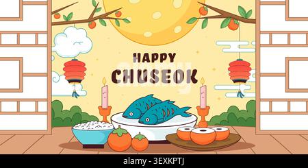 Bannière horizontale Happy Chuseok avec table coréenne traditionnelle Illustration de Vecteur