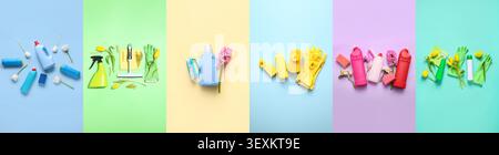 Fournitures de nettoyage colorées avec des fleurs sur des fonds pastel Banque D'Images