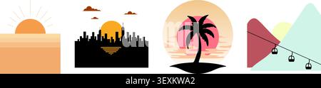 Une collection minimaliste d'illustrations plates avec des graphismes scéniques sur le thème du coucher du soleil, y compris un horizon de soleil superposé, une ligne d'horizon de la ville au crépuscule, un bea tropical Illustration de Vecteur