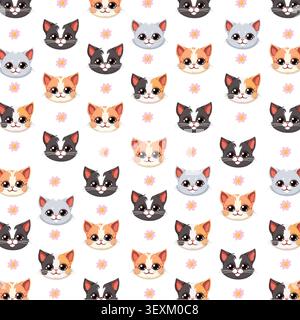 Illustration vectorielle plate de têtes de chaton colorées et de fleurs roses sur fond blanc. Illustration de Vecteur