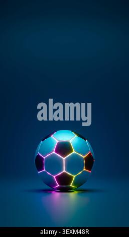 rendu 3d d'un ballon de football futuriste éclatant avec des néons colorés sur un fond sombre Banque D'Images