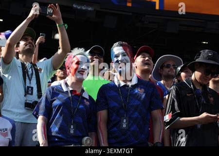 New Jersey, United States. 01st July, 2026. Fans from France and Sweden, wearing colorful costumes and makeup, display a range of emotions at MetLife Stadium, underscoring football's emotional pull on millions worldwide. France 3 - 0 Sweden (Photo by Seshadri Sukumar/SOPA Images/Sipa USA) Credit: Sipa USA/Alamy Live News Banque D'Images