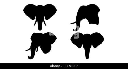 Black Silhouette Vector ensemble d'icônes de vue avant de tête et de visage d'éléphant Illustration de Vecteur