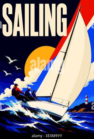 Voilier avec équipage de course active sur les vagues de l'océan avec un phare et coucher de soleil dans le style affiche vintage Illustration de Vecteur