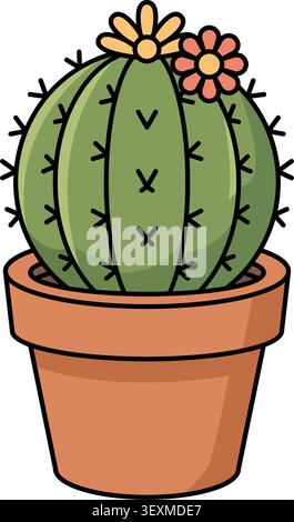 Une jolie plante de cactus vert rond avec des épines aiguisées et des fleurs en fleurs en pot dans un pot classique en terre cuite brune. Illustration de Vecteur