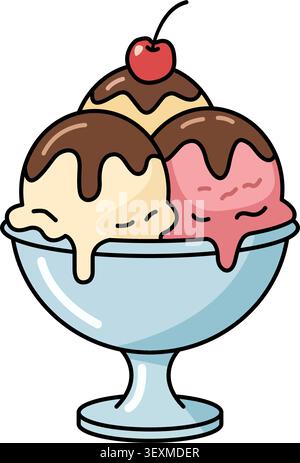 Dessert d'été sucré avec trois boules de crème glacée avec du sirop de chocolat fondant et une cerise rouge dans un bol en verre. Illustration de Vecteur