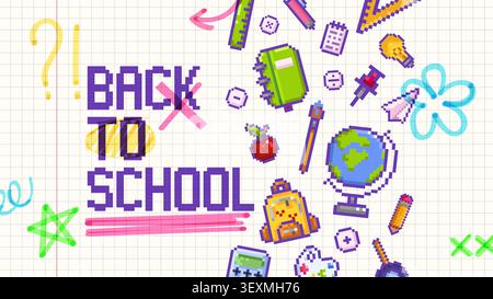 Retour à l'école pixel art fond avec des icônes éducatives, vecteur 8 bits affiche de style de jeu pour la classe élémentaire. Design numérique coloré avec livre de mosaïque, crayon, sac à dos, bonnet de graduation, gribouilles Illustration de Vecteur