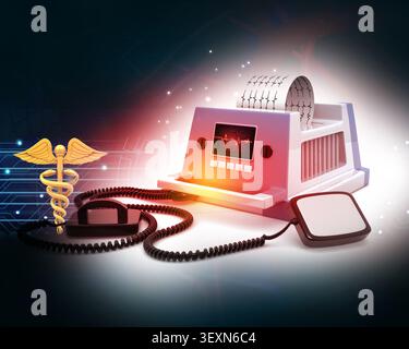 Machine de défibrillateur sur fond médical. illustration 3d. Banque D'Images