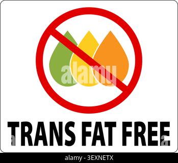rans sans gras, affiche d'information sur l'étiquette des aliments. Signe d'interdiction de cercle rouge avec des gouttes d'olives jaunes, orange et vertes. Texte ci-dessous. Illustration de Vecteur