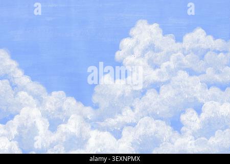 Peinture acrylique de nuages blancs et duveteux dans un ciel bleu, de style doux et naturel. Illustration de l'atmosphère sereine d'un ciel dégagé. Banque D'Images