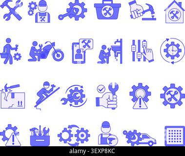 Jeu d'icônes de réparation violet. Maintenance des icônes vectorielles, service, dépannage, réparateur, réparation à domicile, clé, marteau, réparation de voiture, bricoleur, et plus encore Illustration de Vecteur