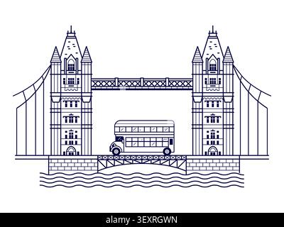 London bus sur Tower Bridge dans Line Art Illustration de Vecteur