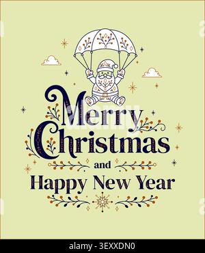 Carte de voeux de Noël avec typographie folklorique scandinave, Père Noël et ornements d'hiver Illustration de Vecteur
