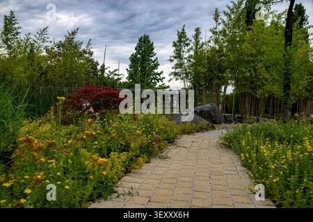 Chemin pavé de pierre sinueux menant à travers un jardin zen magnifiquement aménagé avec des bambous, des rochers et des fleurs jaunes en fleurs sous un ciel nuageux s Banque D'Images