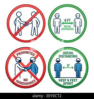 Ensemble d'illustrations de signes de distanciation sociale et d'interdiction de poignée de main Illustration de Vecteur