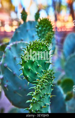 Gros plan de coussinets de cactus épineux, épines et texture de jardin désertique Banque D'Images