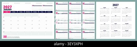 Calendrier Planner 2027 en langue anglaise. Semaine de début dimanche, modèle de planificateur de conception d'entreprise Illustration de Vecteur