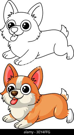Un chiot de corgi de dessin animé heureux présenté dans les versions d'art de ligne colorée et noire Illustration de Vecteur