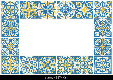 Carreaux de céramique méditerranéens avec des motifs bleus et des ornements floraux. Cadre rectangulaire en mosaïque azulejo portugais. Design traditionnel décoratif. Vecteur Illustration de Vecteur
