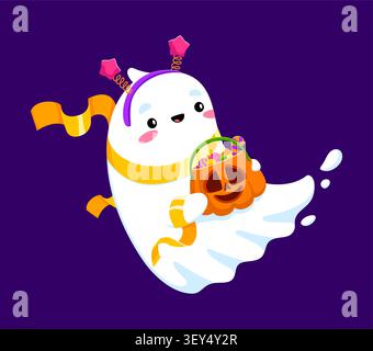 Mignon fantôme kawaii d'Halloween avec seau de bonbons Illustration de Vecteur