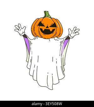 Fantôme groovy drôle d'Halloween avec tête de citrouille Illustration de Vecteur
