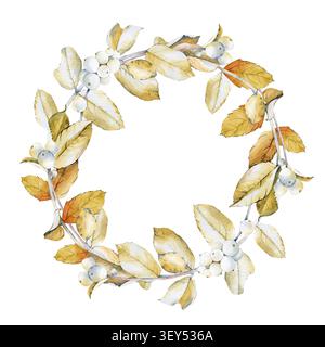 Couronne botanique aquarelle avec des feuilles d'automne dorées et des neiges blanches, isolée sur fond blanc. Cadre rond d'hiver pour invitation de mariage Banque D'Images