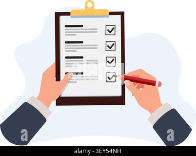 Illustration des mains d'une personne remplissant un formulaire de sondage sur un presse-papiers, en cochant la dernière case. illustration de stock. Illustration de Vecteur