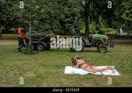 Une femme prend un bain de soleil à St James's Park, tandis qu'un jardinier s'occupe de l'arbre dans la ville de Westminster, au centre de Londres, en Angleterre, au Royaume-Uni Banque D'Images