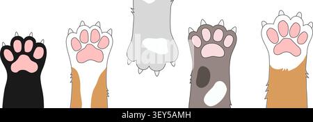 Bordure colorée de patte de chat avec jambes moelleuses et coussinets roses doux sur un fond propre. Charmante illustration pour animaux de compagnie pour les autocollants de cartes de voeux et ludique Illustration de Vecteur