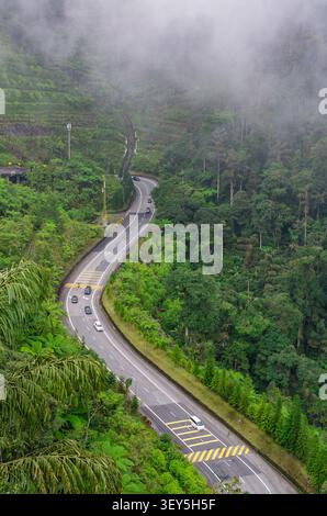 Vue aérienne d'une autoroute à deux voies sinueuse traversant une forêt tropicale dense sur un versant de montagne brumeux avec des véhicules visibles sur la route à Mal Banque D'Images