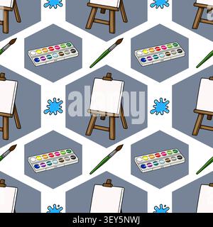 Modèle sans couture avec fournitures d'art vectoriel, chevalets, pinceaux et palettes d'aquarelle Illustration de Vecteur