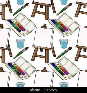 Modèle sans couture avec des fournitures d'art vectoriel, y compris des chevalets en bois, des ensembles de peinture à l'aquarelle et des pinceaux Illustration de Vecteur