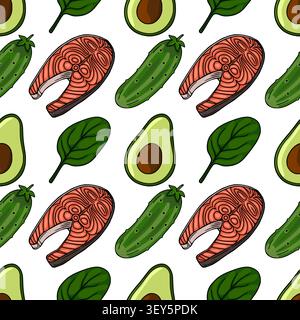 Modèle sans couture avec steak de saumon avocat épinards et concombre illustration vectorielle Illustration de Vecteur
