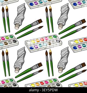 Modèle sans couture avec des ensembles de peinture à l'aquarelle et illustration vectorielle de pinceaux d'artiste Illustration de Vecteur