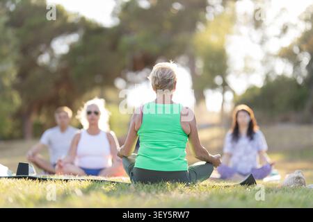 Femme senior menant des cours de yoga et de méditation en plein air Banque D'Images