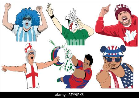 Illustration vectorielle dessinée à la main de fans de sport et de football enthousiastes applaudissant et célébrant pour leur équipe nationale, supporters colorés en style cartoon Illustration de Vecteur
