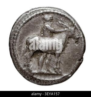 Une pièce de tetradrachm de Mendé, Macédoine, une pièce d'argent grecque antique, datée d'environ 460 av. J.-C., d'une ancienne monnaie. Banque D'Images