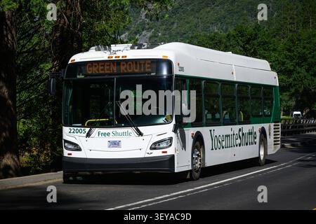 Yosemite National Park, CA, États-Unis - 20 juin 2026 ; Yosemite Shuttle bus voyageant sur la route verte dans le parc national exploité par Aramark Banque D'Images
