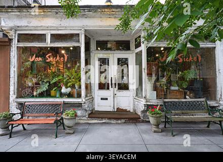 Vieux magasin pittoresque dans le quartier de Brooklyn Heights à New York, avec des bancs et des plantes abondantes Banque D'Images