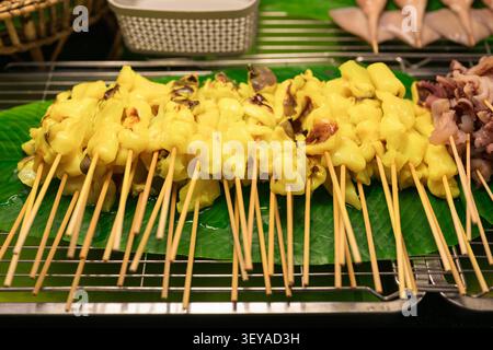 Un gros plan en grand angle permet de capturer une exposition vibrante de plats de rue thaïlandais traditionnels avec de nombreuses brochettes de calmars fraîchement disposées méticuleusement Banque D'Images
