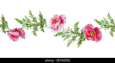 Bordure sans couture avec fleurs de coquelicot roses et feuillage vert décoratif. Illustration botanique aquarelle dans un style réaliste. pour tissu, emballage, papier peint, papeterie, mariage et design saisonnier. Banque D'Images