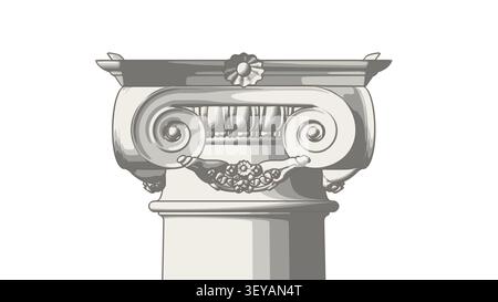 Chapiteau de colonne ionique classique dans un style d'illustration moderne en dessin animé. Couleurs pastel élégantes de pierre isolées sur blanc. Banque D'Images