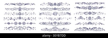 Univers et galaxie espaces diviseurs décoratifs, cadres de frontière et séparateurs avec étoiles, planètes et vaisseaux spatiaux. Galaxy étoiles filantes, fusées et OVNI, Soleil, Lune et satellites diviseurs de texte Illustration de Vecteur