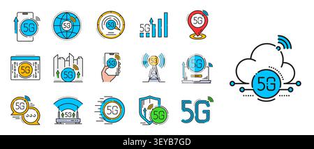 icônes de ligne de technologie de communication de transmission 5g. Pictogrammes de tours Internet chipsets routeurs d'appareils mobiles, bulle de chat et réseaux mondiaux, haut débit mobile, connexion sécurisée Illustration de Vecteur