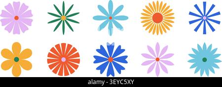 Ensemble de formes de fleurs colorées. Lot de symboles mignons en fleurs. Collection abstraite d'éléments de fleur pour autocollant, affiche, bannière, décoration. Motif camomille ou Marguerite rétro. Illustration vectorielle Illustration de Vecteur